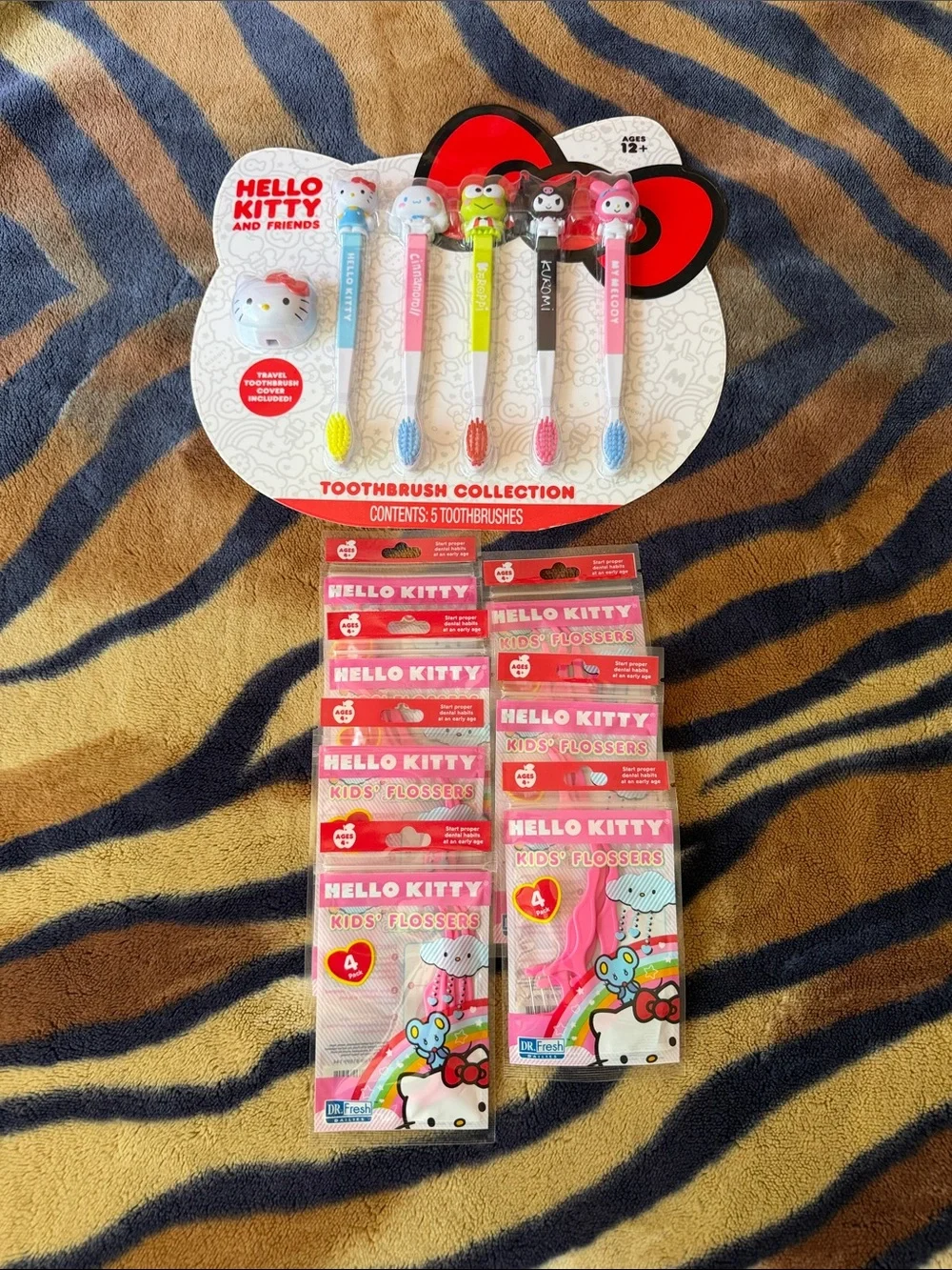 Hello Kitty Kids Toothbrush & Flossers Set - Pink, Blue, Green, Yellow, Red
